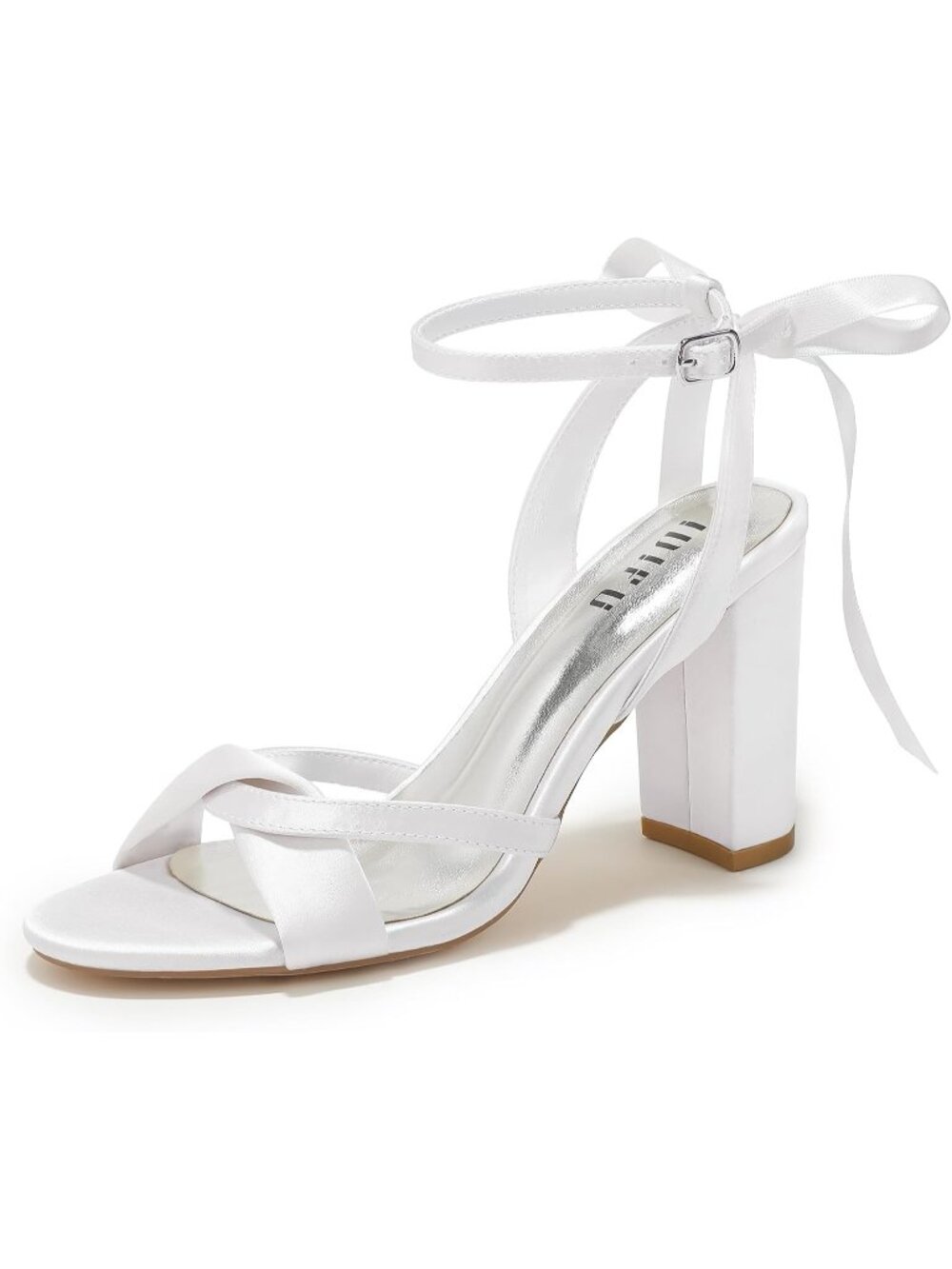 Women's White Satin Strappy Ankle Buckle Chunky Cross Tie High Heeled Sandals